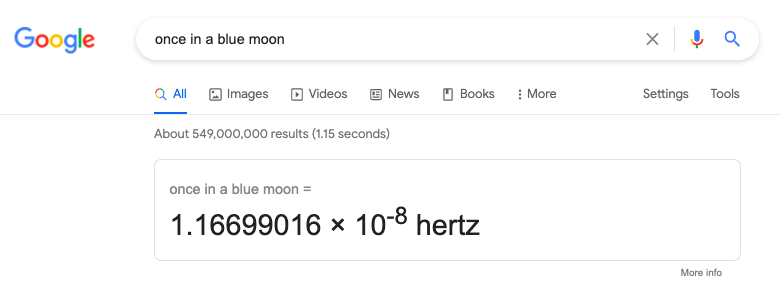When you search &ldquo;once in a Blue Moon&rdquo;, Google will guide you to the mathematical equation for the occurrence of a blue moon. The calculator will show the result of &ldquo;once in a blue moon = 1.16699016 &times; 10-8 hertz&rdquo;.