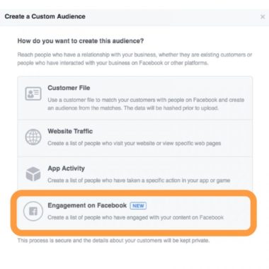Option to create custom audience on Facebook based on engagement