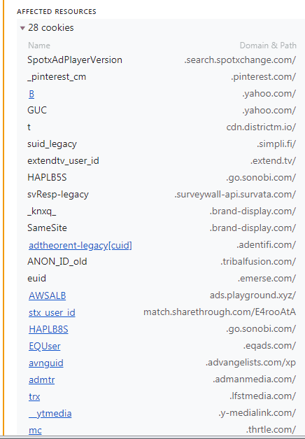 screenshot of blocked cookies