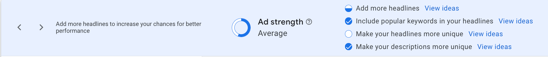 Responsive Search Ad (RSA) in Google Ads showing Ad Strength indicator and view ideas