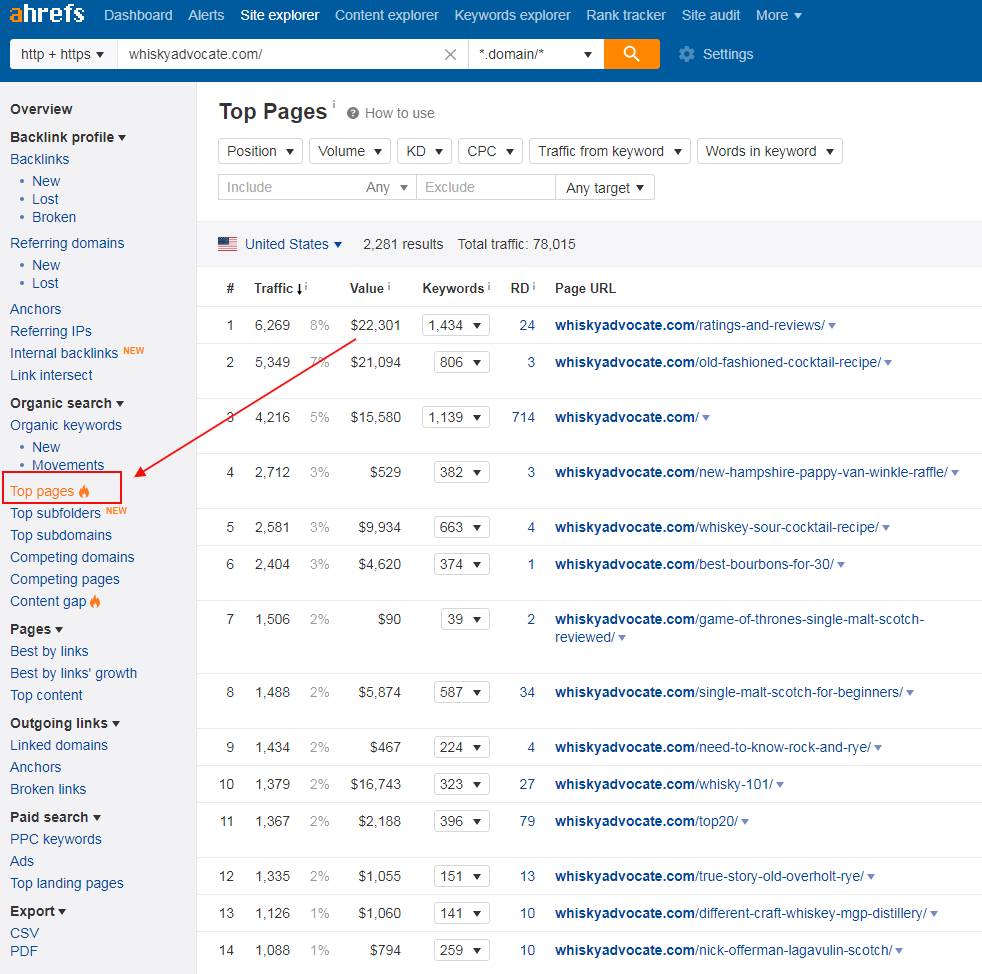Go to Ahrefs, enter your domain, and then navigate to &ldquo;Top Pages&rdquo;