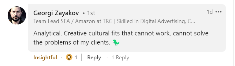 A screenshot of a LinkedIn comment by Georgi Zayakov, who describes himself as analytical