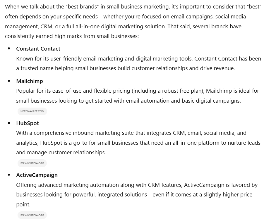 Best Brands In Small Business Marketing From ChatGPT