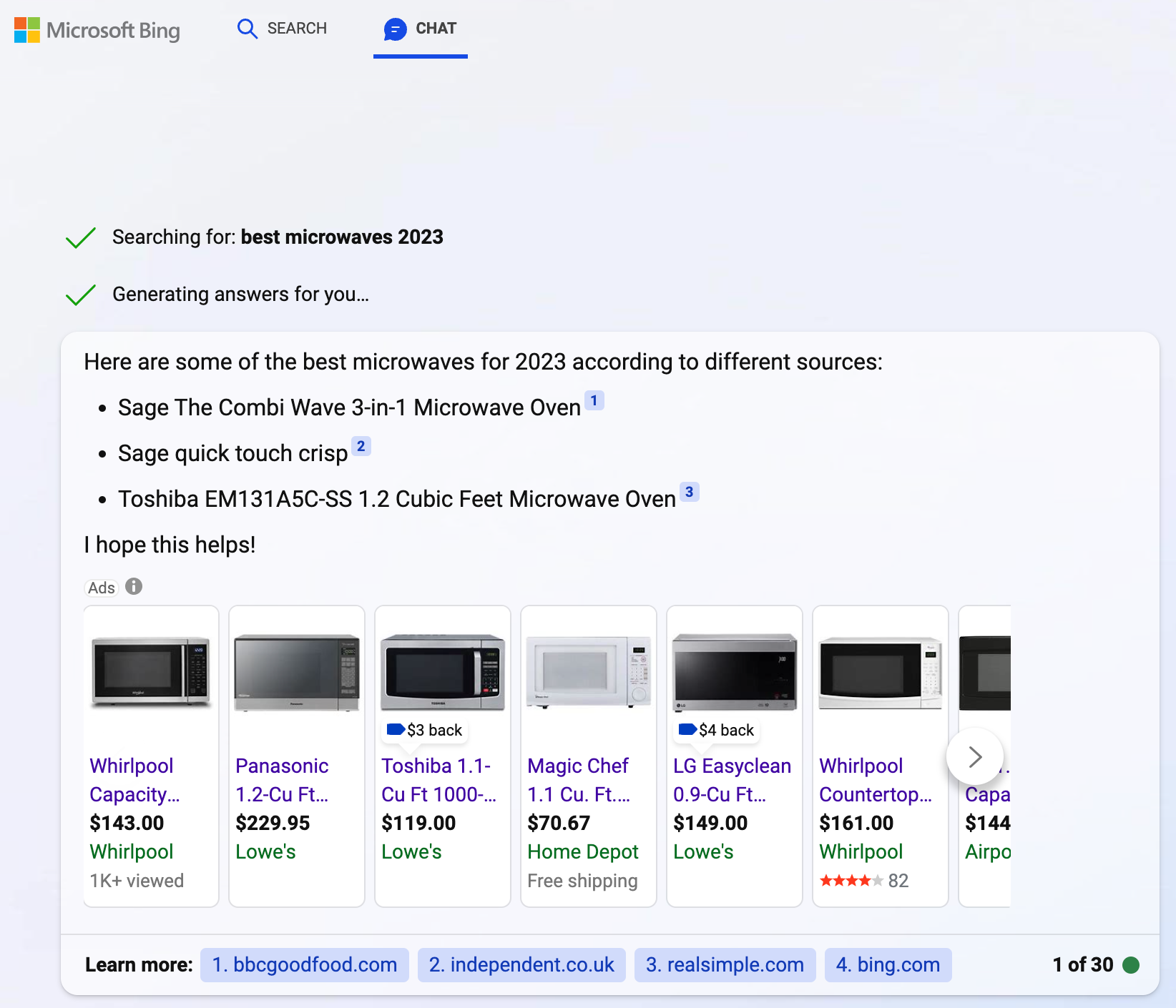 Ads are part of the chat search results on Bing.&nbsp;