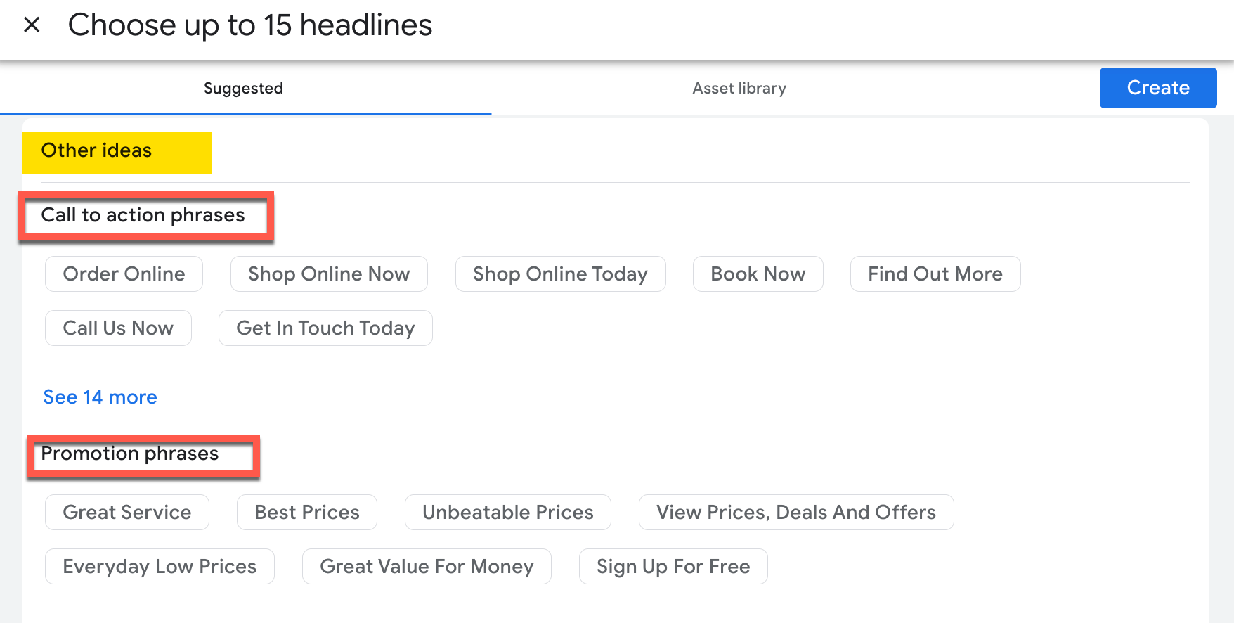 Screenshot of toher ideas for Google Ads copy