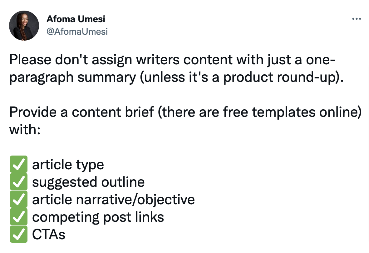 A screenshot of Afoma Umesi&rsquo;s tweet where she highlights the importance of a content brief.