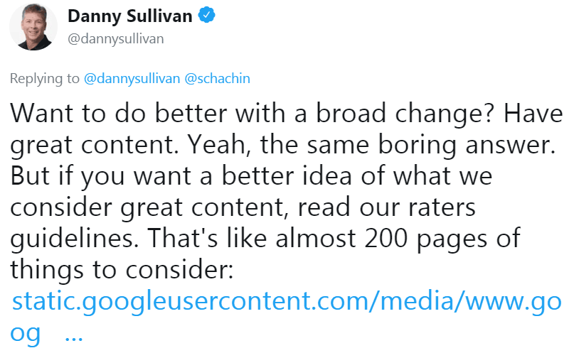 Screenshot of a tweet by google's Danny Sullivan