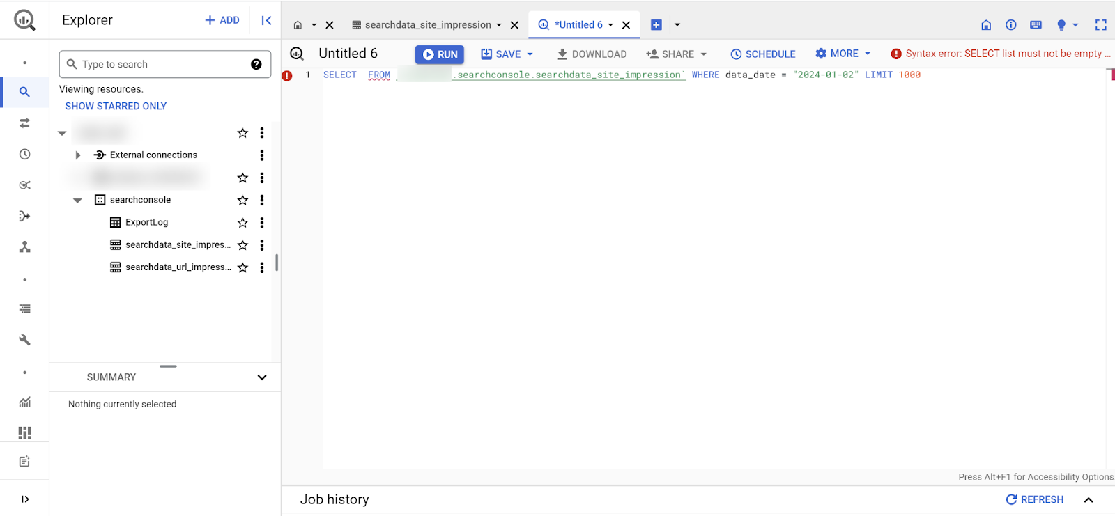  If you click on &ldquo;QUERY&rdquo; at the top in the interface, you can create your SQL query. This is better because it loads up some information you need for your query.
