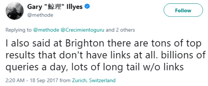 Gary Illyes' Tweet: For some results, links aren&rsquo;t a factor at all
