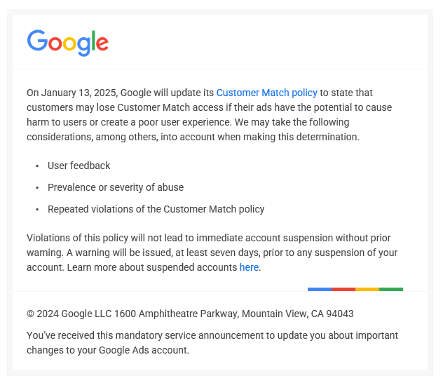 Google Ads email to advertisers about Customer Match policy updates.