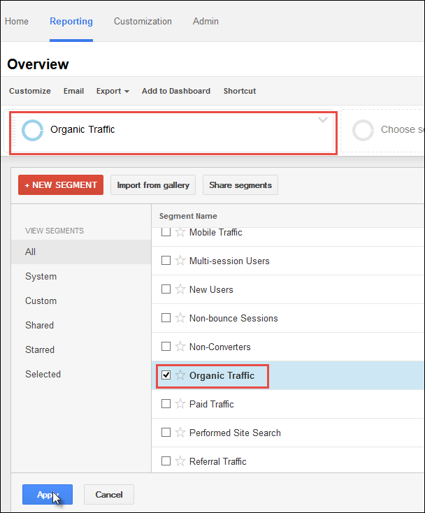 Screenshot of how to drill down to organic traffic only