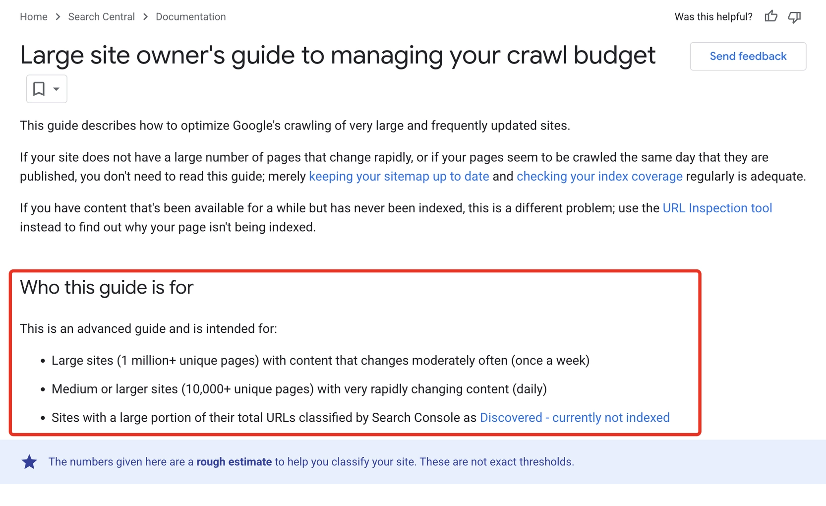 Google documentation on crawl budget