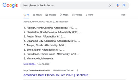 SERP results for &ldquo;best places to live in the US."