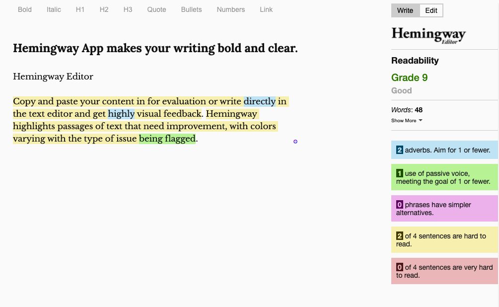 Hemingway Editor highlights passages of text that need improvement, with colors varying with the type of issue flagged.