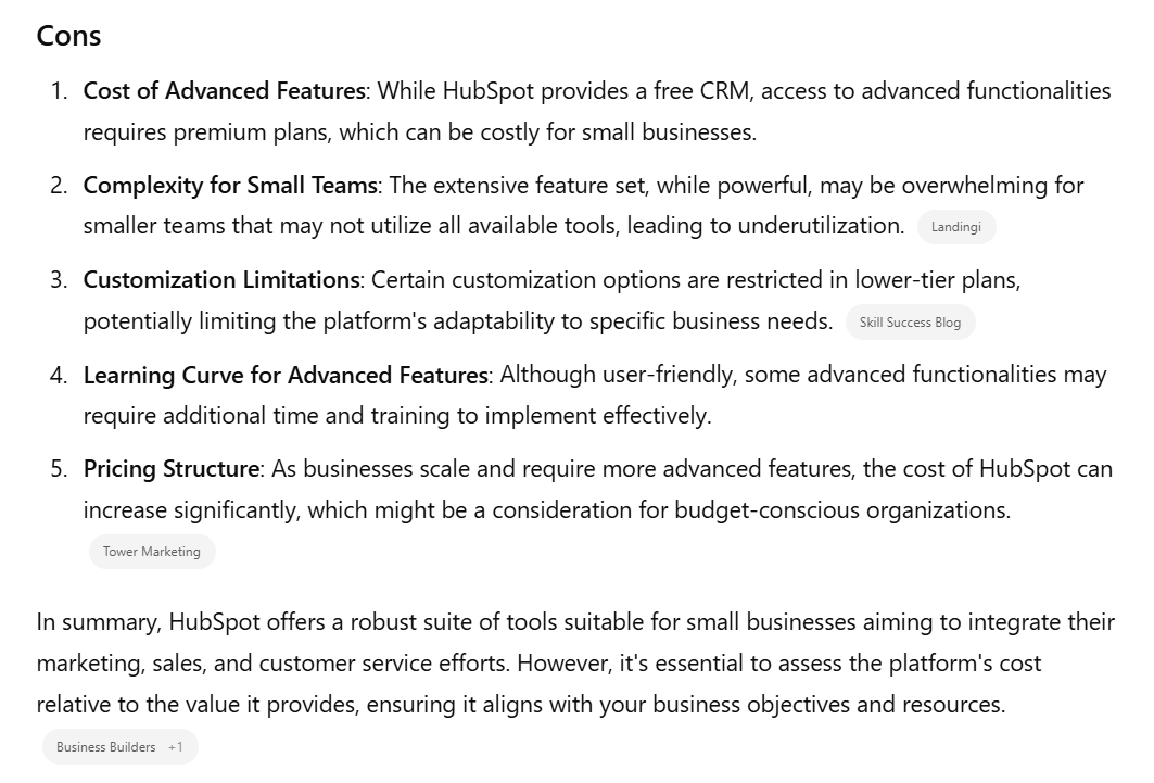 HubSpot Cons From ChatGPT