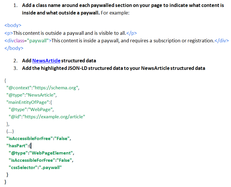 an example of how to indicate paywalled content to comply with Google&rsquo;s guidelines.