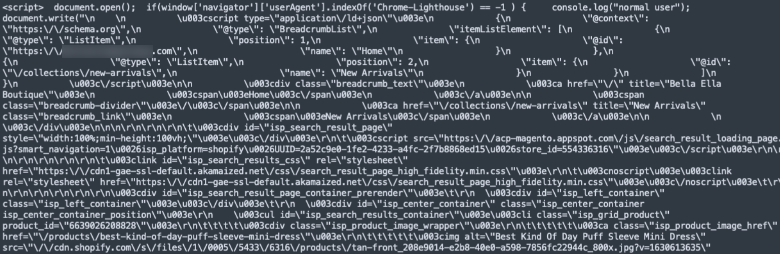 When looking at Google&rsquo;s rendering tools, we saw that an individual page&rsquo;s content was getting loaded in very long <script> tags which also gave us pause.