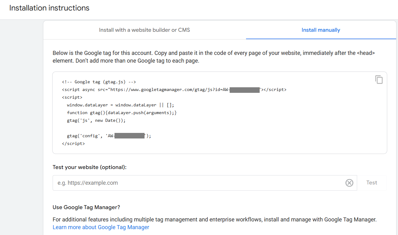 Manual Google tag example.