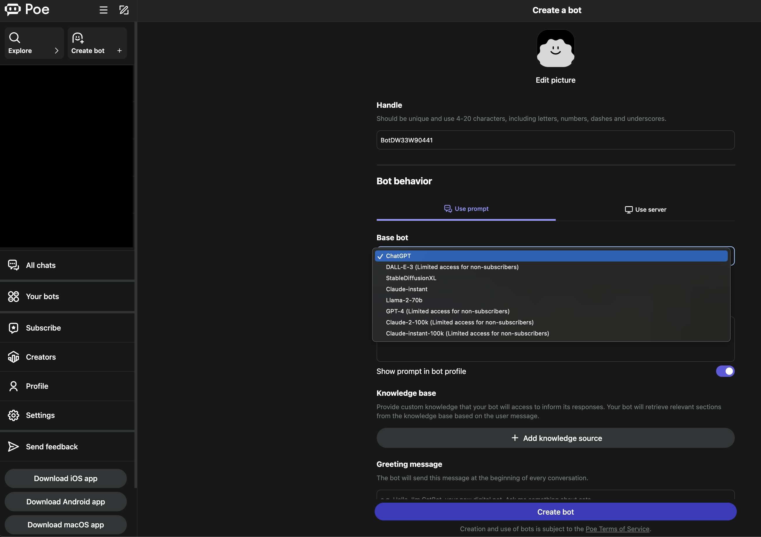 poe create a bot gpts