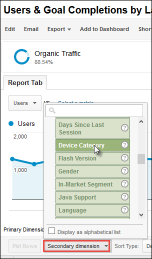 Screenshot of how to drill down to device category within a custom report in Google Analytics