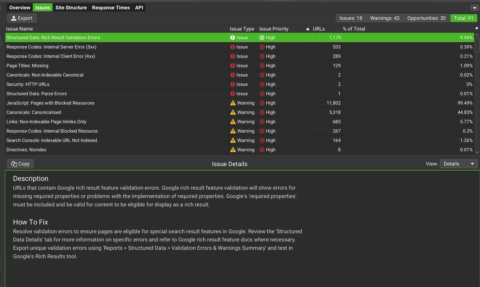 Screaming Frog SEO Spider flagging SEO issues