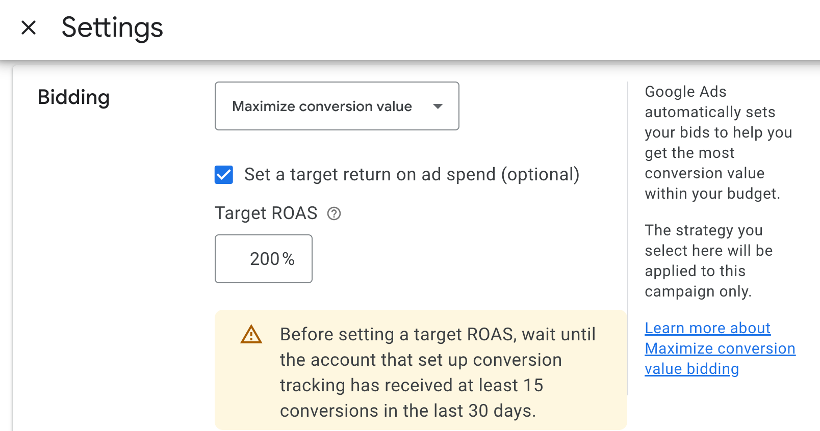 screenshot of Google Ads platform ROAS setting for an ad campaign