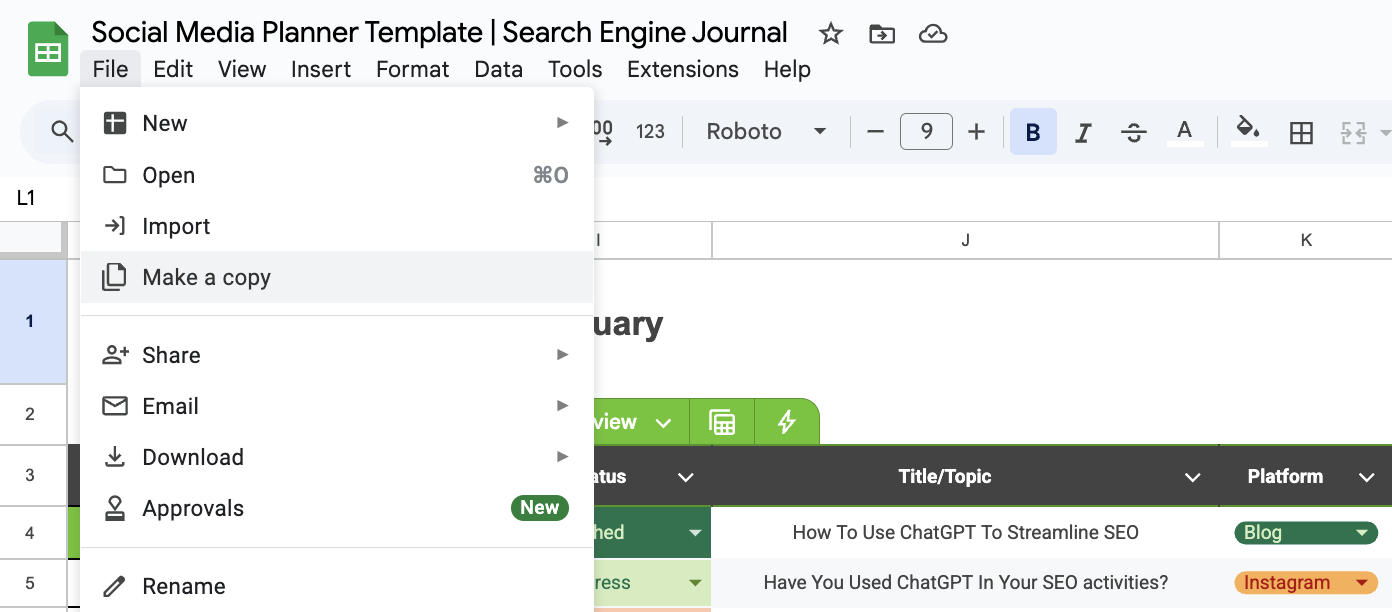 How to make a copy of social media planner template