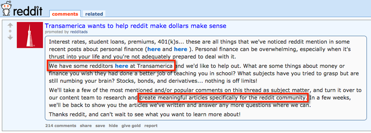 Transamerica&rsquo;s campaign on Reddit