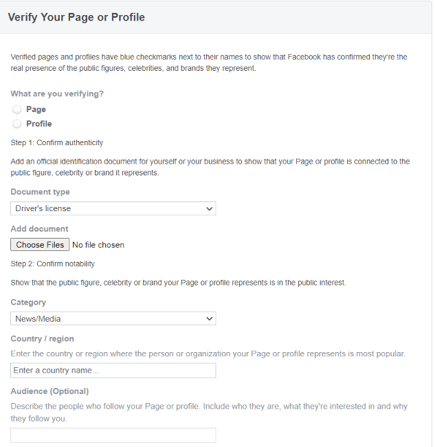 Online form from Facebook&rsquo;s verification request page.