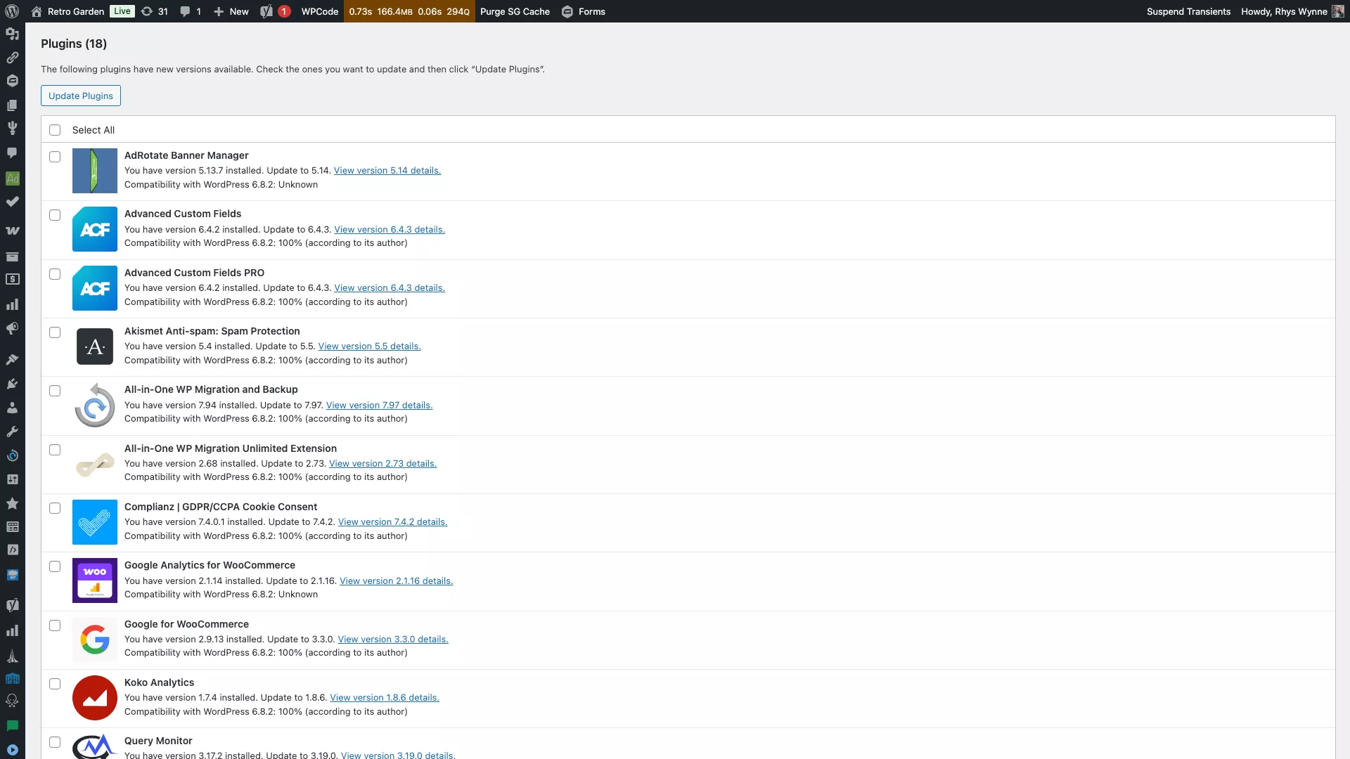 The WordPress plugin updates with 18 plugins that need updating.