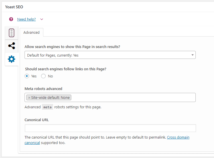 Yoast page settings