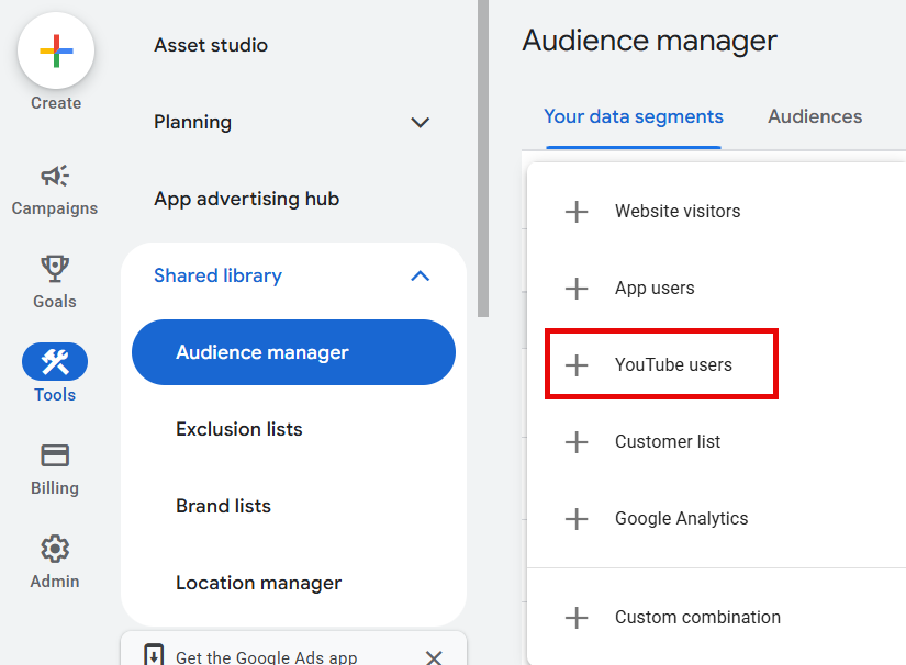 Build new YouTube remarketing lists in Google Ads platform.